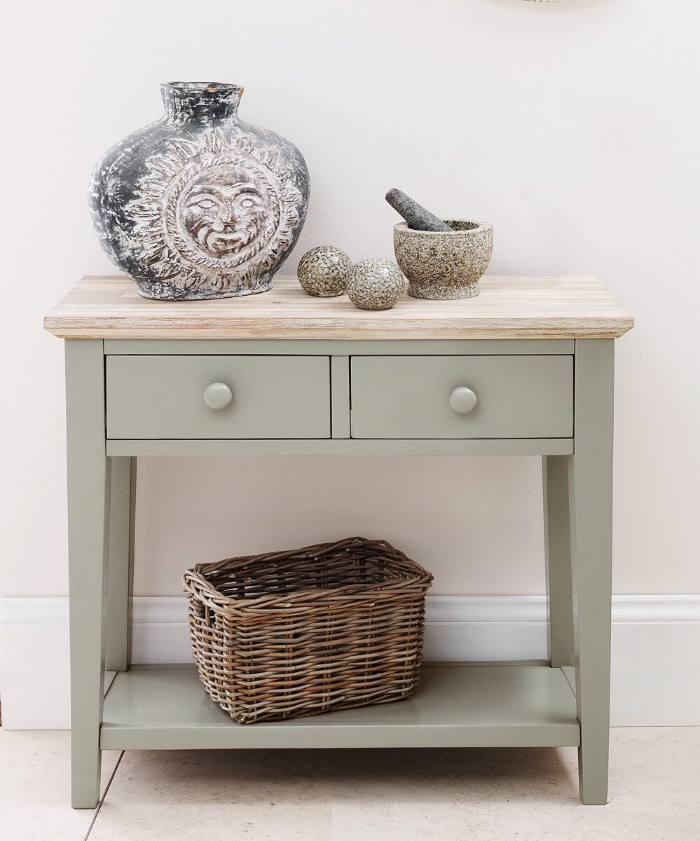 florence sage green console table with 2 drawers