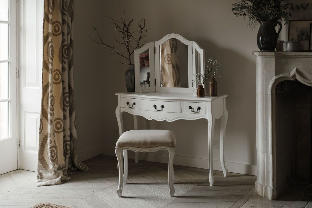 Juliette Shabby Chic White Dressing Table Set with Brass Handles