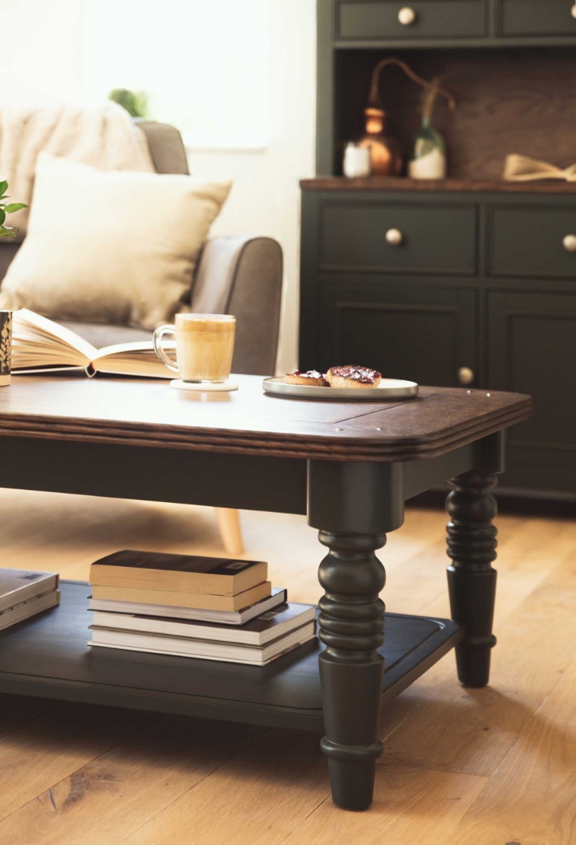 Queensbury Bottle Green Coffee Table with Oak Top